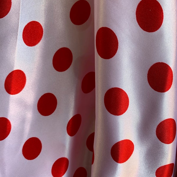 Shelby 0.75" RED Polka Dots on WHITE Polyester Light Weight Satin Fabric by the Yard - 10070