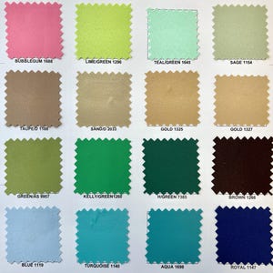 May include: A color swatch chart featuring sixteen fabric samples in various colors. Colors include pink, green, teal, sage, brown, gold, blue, and turquoise. Each swatch has a unique color name and number printed below it.