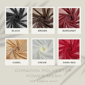 Pu&ograve; includere: Sei campioni di tessuto di poliestere trasparente in diversi colori: nero, marrone, bordeaux, cammello, crema e rosso scuro. Il tessuto &egrave; disposto a spirale. Il testo "CORAZON POLYESTER POWER MESH NEW FABRICS DAILY" &egrave; in basso nell'immagine.