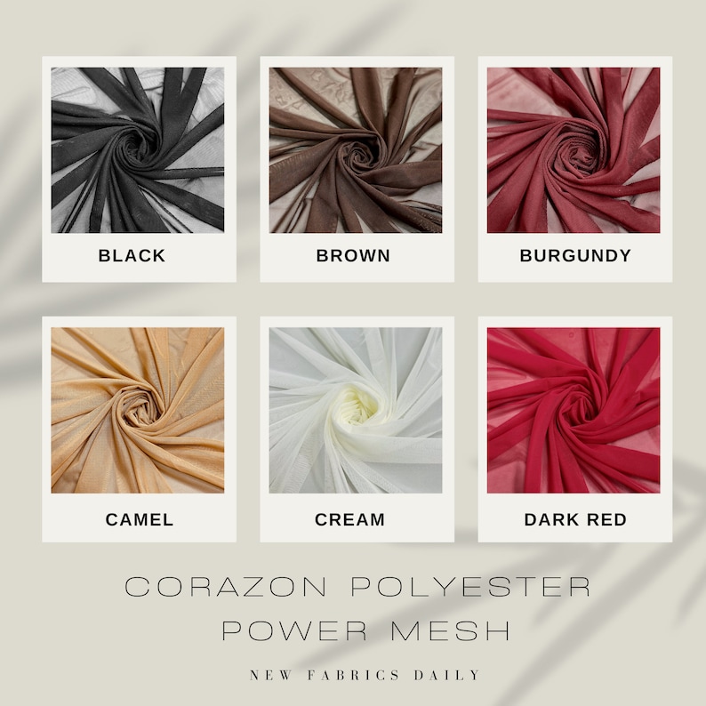 Pu&ograve; includere: Sei campioni di tessuto di poliestere trasparente in diversi colori: nero, marrone, bordeaux, cammello, crema e rosso scuro. Il tessuto &egrave; disposto a spirale. Il testo "CORAZON POLYESTER POWER MESH NEW FABRICS DAILY" &egrave; in basso nell'immagine.