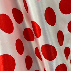 Lana 1.6&quot; RED Polka Dots on WHITE Polyester Light Weight Satin Fabric by the Yard - 10071