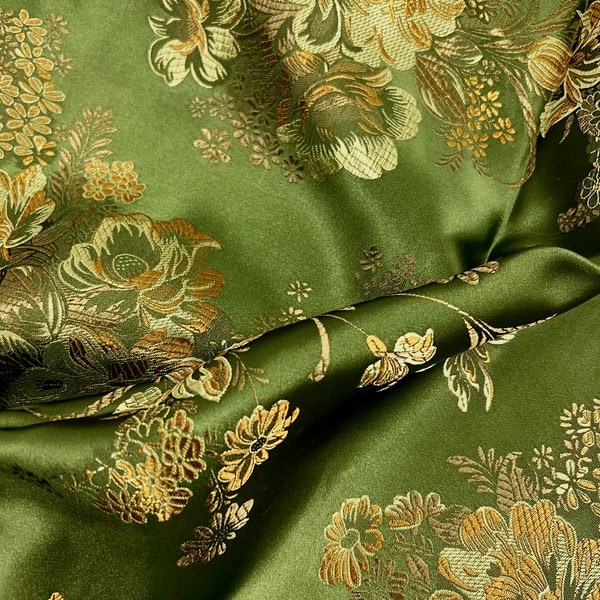 Anais OLIVE Floral Brocade Chinese Satin Fabric for Cheongsam/Qipao, Apparel, Costumes, Upholstery, Bags, Crafts - 10220