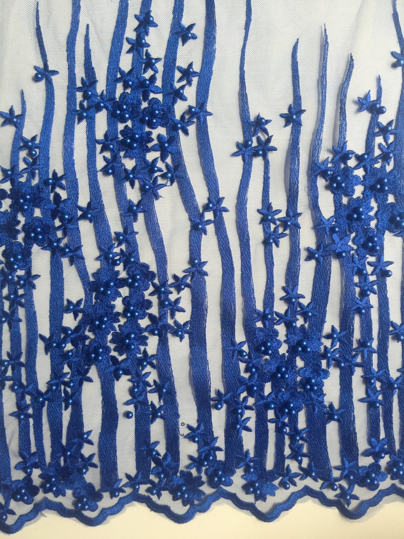 Kelsey ROYAL BLUE Floral Beaded Lace Embroidery on Mesh Fabric by the ...
