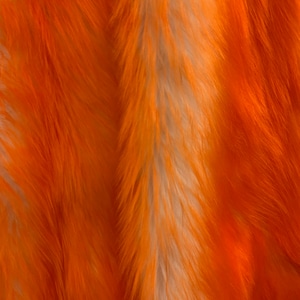 Könnte beinhalten: Orangefarbener und weißer Kunstpelzstoff mit weicher, flauschiger Textur.