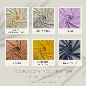 Pu&ograve; includere: Sei campioni di tessuto in rete di potenza di poliestere in diversi colori: champagne chiaro, grigio chiaro, lilla, moka, giallo senape e blu navy. Il tessuto &egrave; un materiale leggero e trasparente con una superficie leggermente strutturata. "CORAZON POLYESTER POWER MESH NEW FABRICS DAILY" &egrave; stampato sotto i campioni.