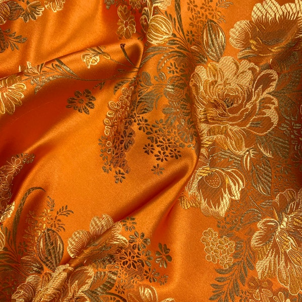 Anais ORANGE Floral Brocade Chinese Satin Fabric for Cheongsam/Qipao, Apparel, Costumes, Upholstery, Bags, Crafts - 10220