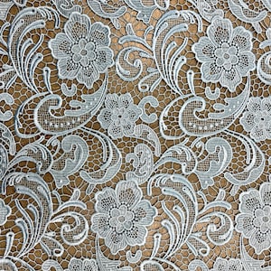 May include: Light blue lace fabric with a delicate floral pattern. The lace features intricate details and a soft, airy texture.