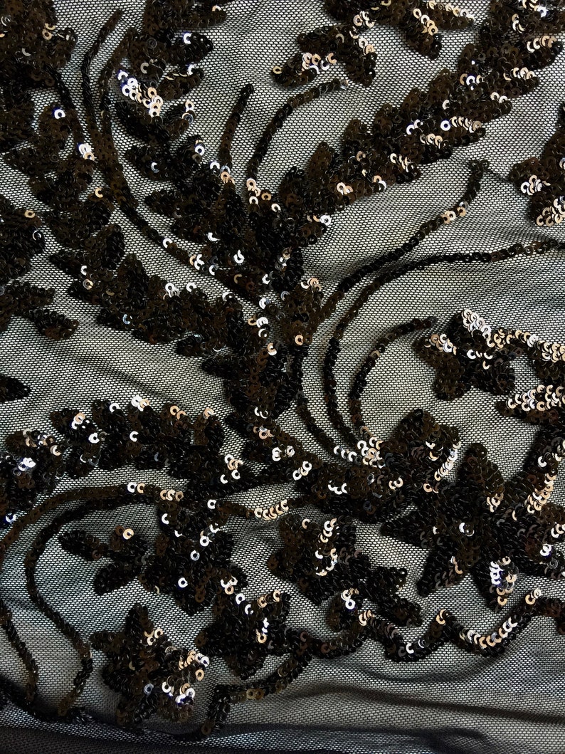 Erin BLACK Flowers and Leaves Sequins on Mesh Lace Fabric by | Etsy