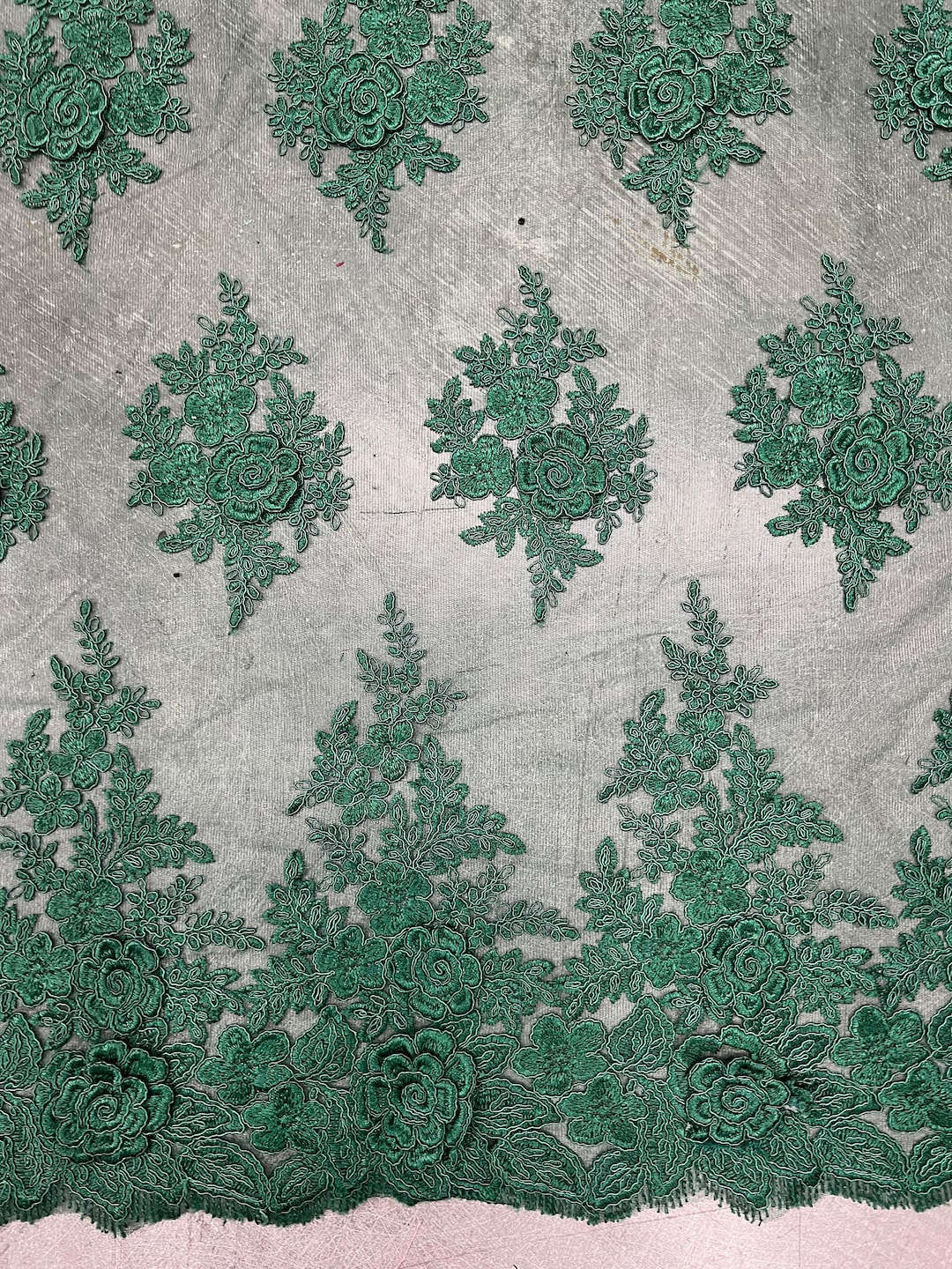 Alessia HUNTER GREEN Polyester 3D Floral Embroidery on Mesh Lace Fabric ...