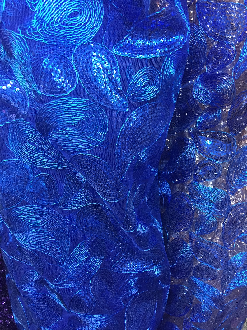 10068 Arielle ROYAL BLUE Leaf Paisley Foil and Sequins on Mesh Lace Fabric by the Yard