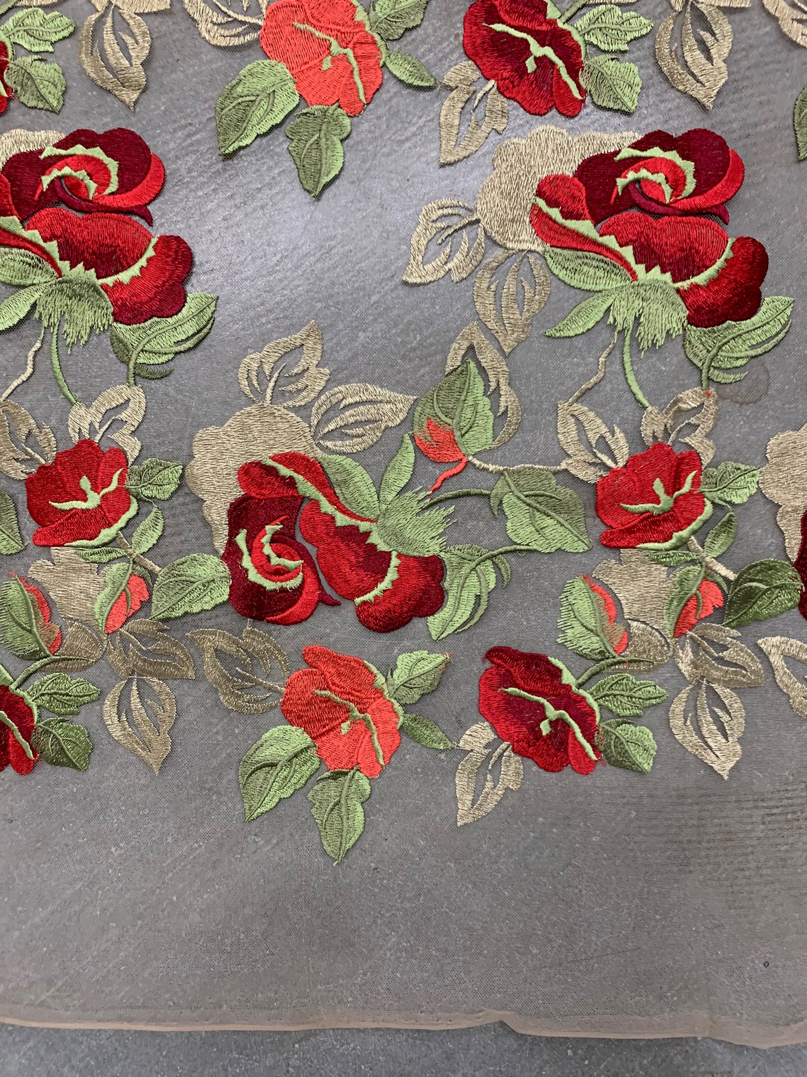 Priscilla RED GOLD Floral and Leaves Embroidery on Mesh Lace Fabric by ...