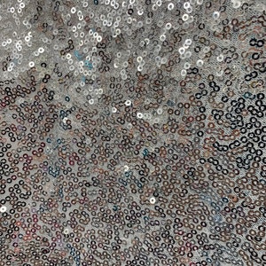 May include: A close-up of a silver sequined fabric. The sequins are arranged in a random pattern and create a shimmering effect.