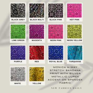 Monica 4-way Stretch BANDANA Print with Silver Metallic Lurex Accent on Spandex Fabric by the Yard - 10182