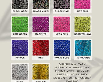 Monica 4-way Stretch BANDANA Print with Silver Metallic Lurex Accent on Spandex Fabric by the Yard - 10182