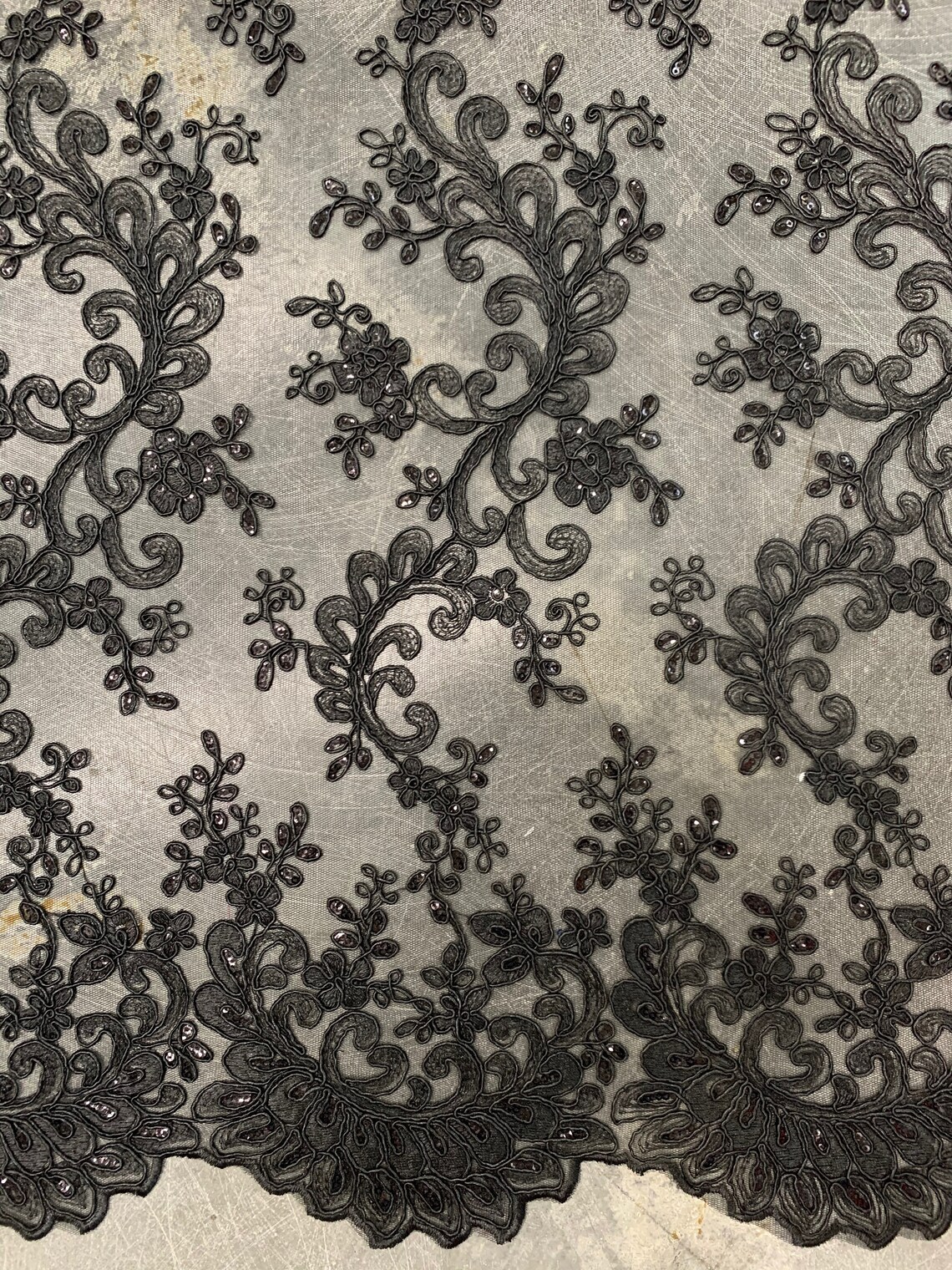 Melody BLACK Polyester Floral Embroidery With Sequins on Mesh Lace ...