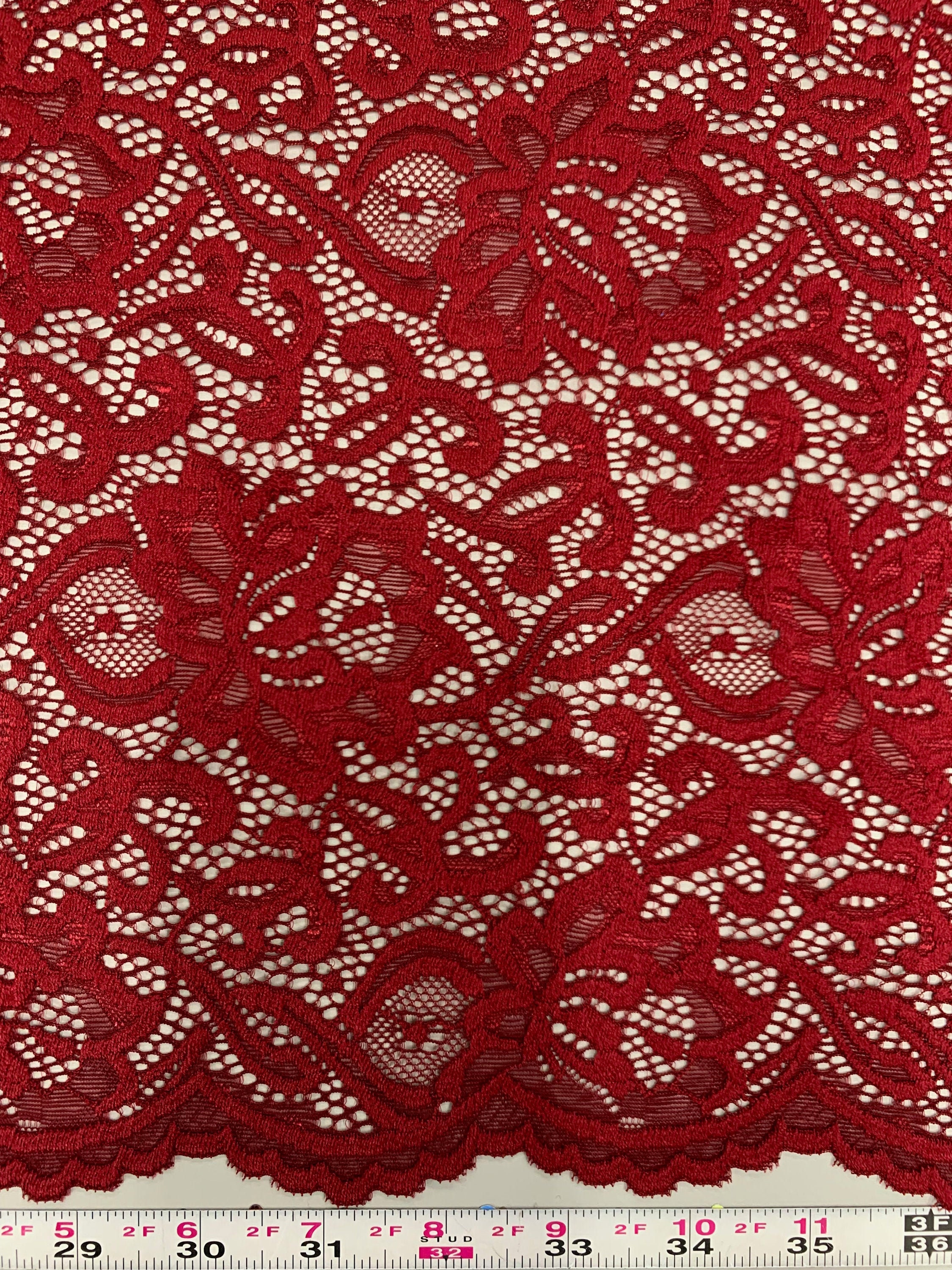 Red Scallop Lace Fabric, Embroidered Lace on Mesh, Stretch Lace