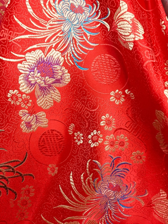 Kate Red Floral Brocade Chinese Satin Fabric By The Yard Etsy