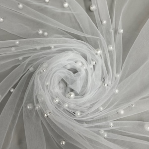 Queenie WHITE Faux Pearls on Soft Mesh Lace Fabric for Gowns, Evening Wear, Bridal Wear, Costumes, Crafts - 10199 NewFabricsDaily
