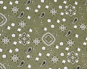 Annabella OLIVE GREEN Paisley Floral Print Bandana Poly Cotton Fabric by the Yard - 10115
