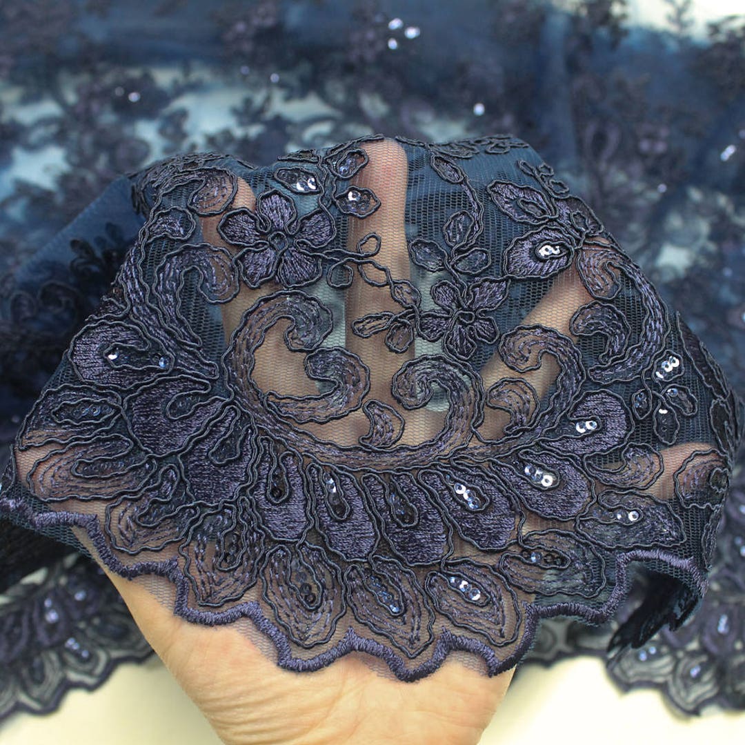 Melody NAVY BLUE Polyester Floral Embroidery With Sequins on Mesh Lace ...
