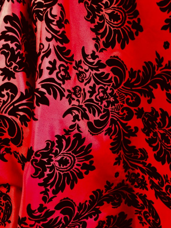 Amanda Red Taffeta With Black Velvet Flocked Damask Fabric By Etsy