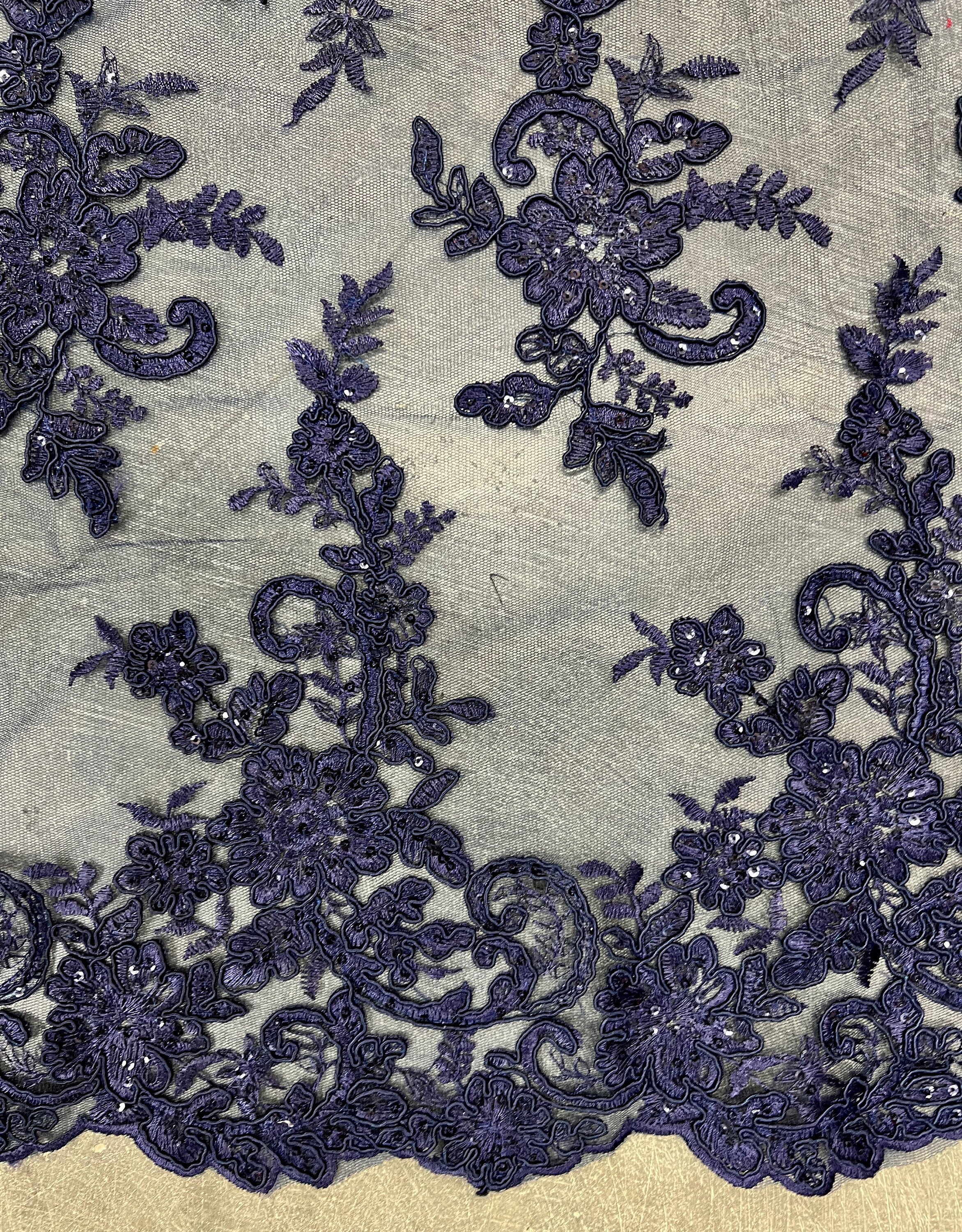 Tess NAVY BLUE Polyester Floral Embroidery With Sequins on Mesh Lace ...