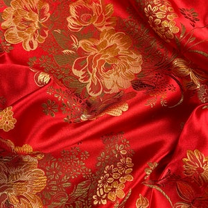 Anais RED Floral Brocade Chinese Satin Fabric for Cheongsam/Qipao, Apparel, Costumes, Upholstery, Bags, Crafts - 10220