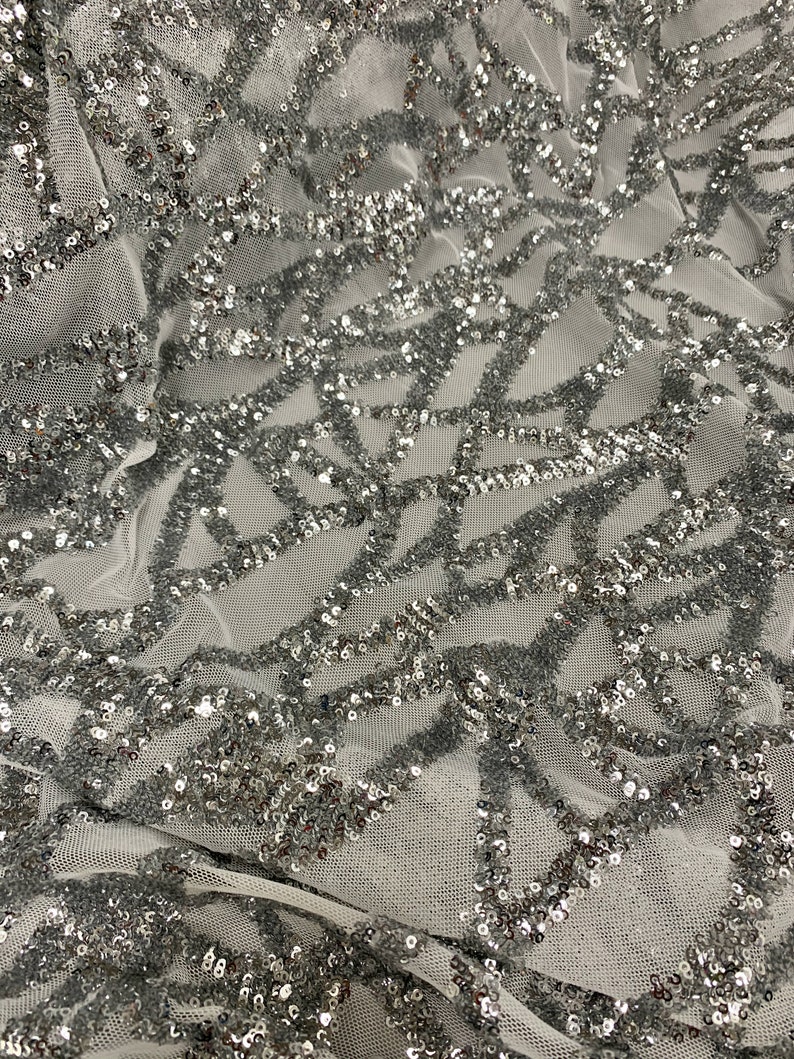 May include: Silver sequined fabric with a geometric pattern on a sheer mesh base. The sequins are small and closely spaced, creating a shimmering effect.