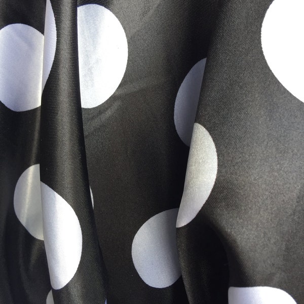 Lana 1.6" WHITE Polka Dots on BLACK Polyester Light Weight Satin Fabric by the Yard - 10071