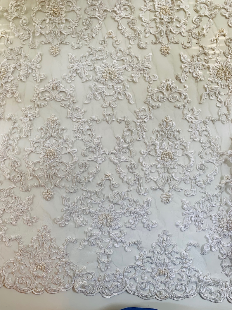 Helena IVORY Embroidered Damask Pattern With Faux Pearls and - Etsy