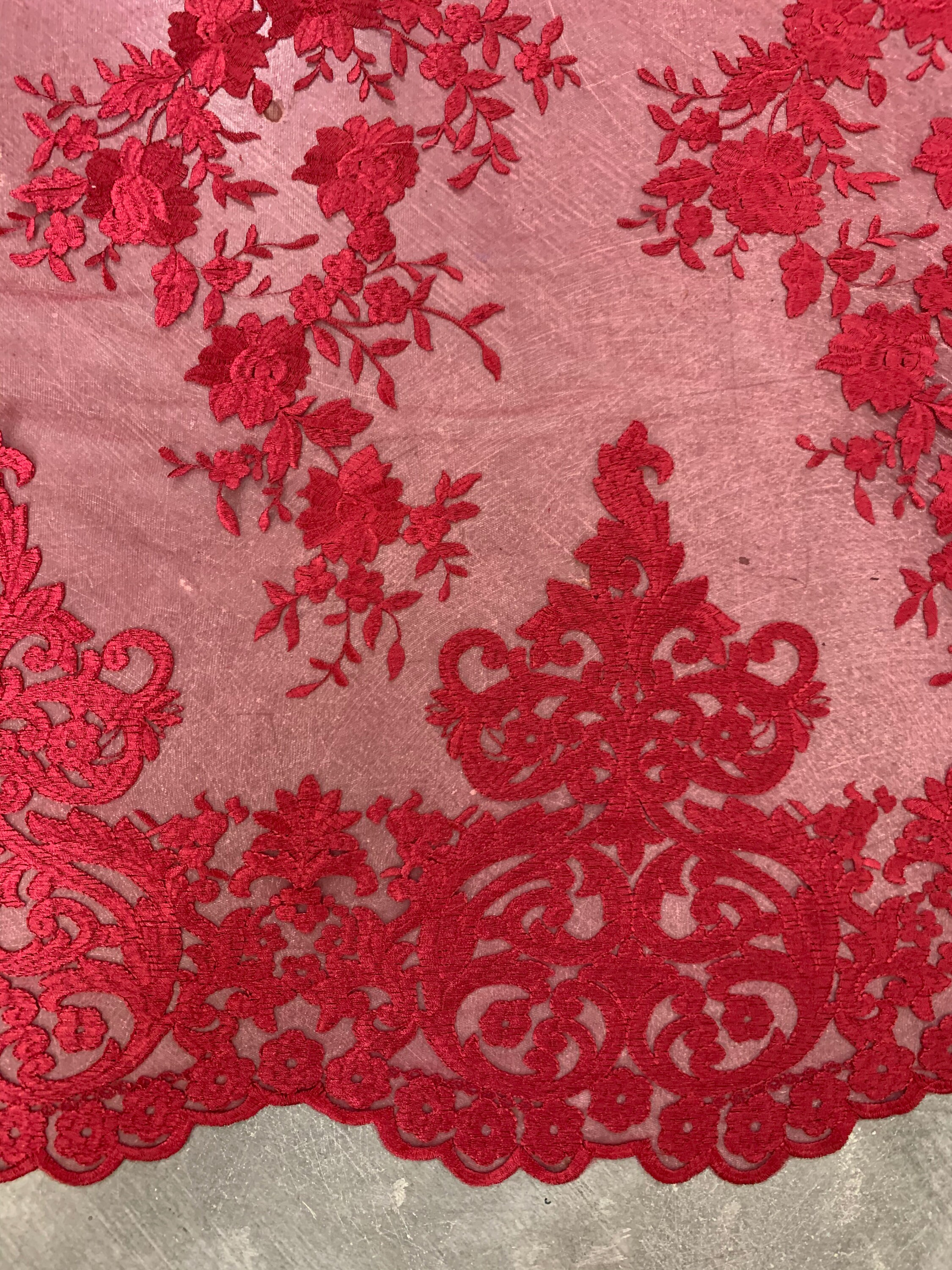 Teagan BURGUNDY Damask Design Embroidered on Mesh Lace Fabric - Etsy