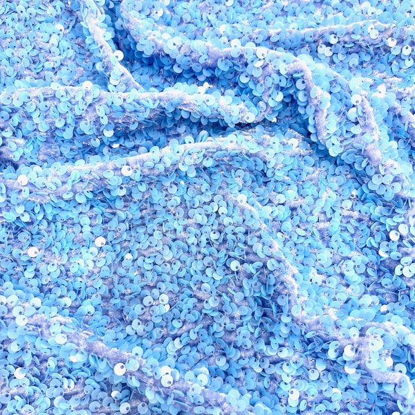 Stephanie LIGHT BLUE Overlap Sequins on BLUE Stretch Velvet Fabric by the Yard for Gowns, Apparel, Costumes, Crafts - 10185