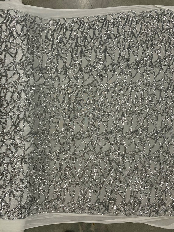 Celeste SILVER Sequins on WHITE Mesh Lace Fabric by the Yard - 10134