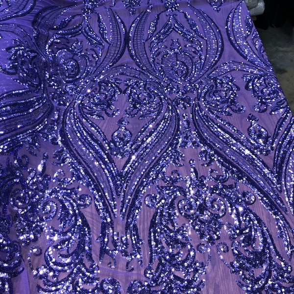 Alaina VIOLET Curlicue Sequins on Mesh Lace Fabric by the Yard - 10018