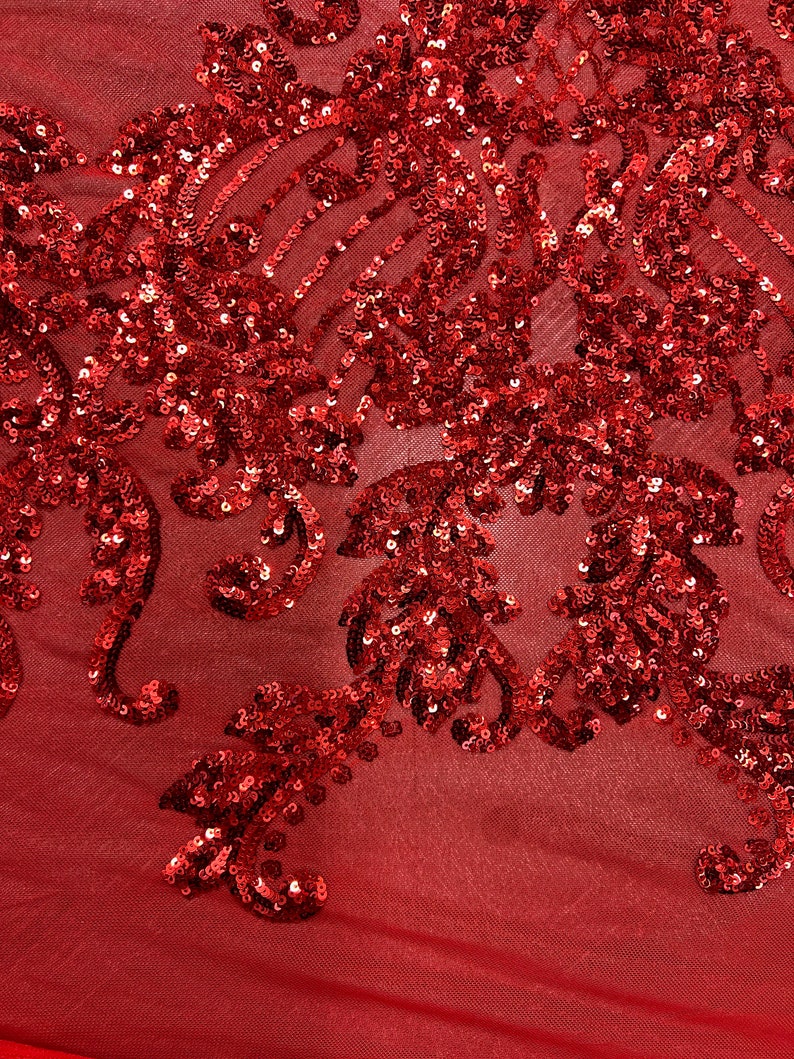Angelica RED Curlicues and Leaves Sequins on Mesh Lace Fabric | Etsy