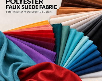 May include: Giana polyester faux suede fabric, soft polyester microsuede, 36 colors. A fan-shaped display of fabric swatches in various shades including red, orange, yellow, purple, teal, blue, grey, black, brown, and beige, arranged in layers.