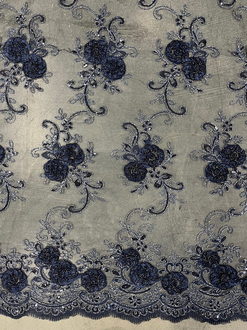 Ryleigh NAVY BLUE 3D Floral Embroidery With Foil & Sequins on Mesh Lace ...