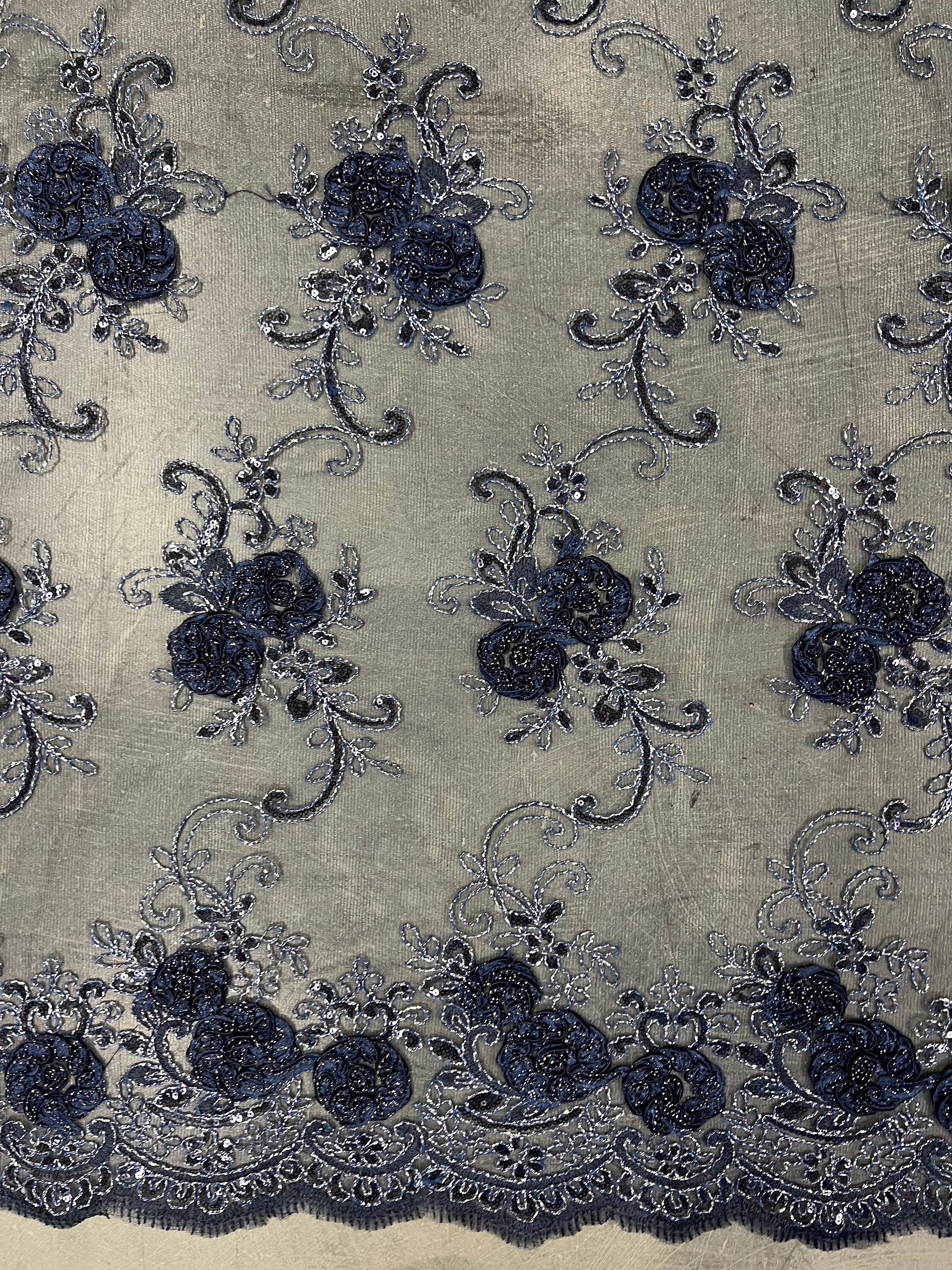 Ryleigh NAVY BLUE 3D Floral Embroidery With Foil & Sequins on Mesh Lace ...
