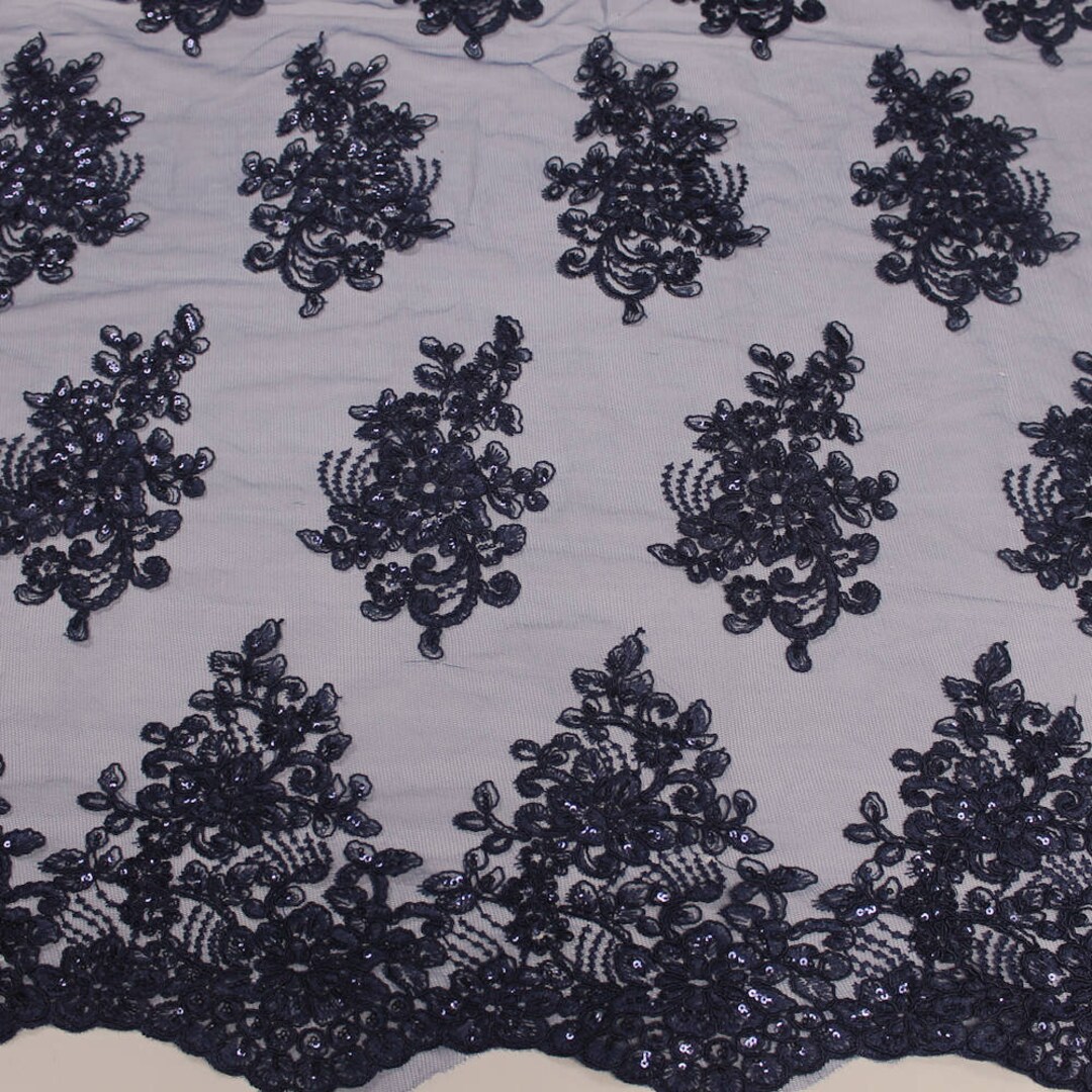 Brianna NAVY BLUE Polyester Floral Embroidery With Sequins on Mesh Lace ...