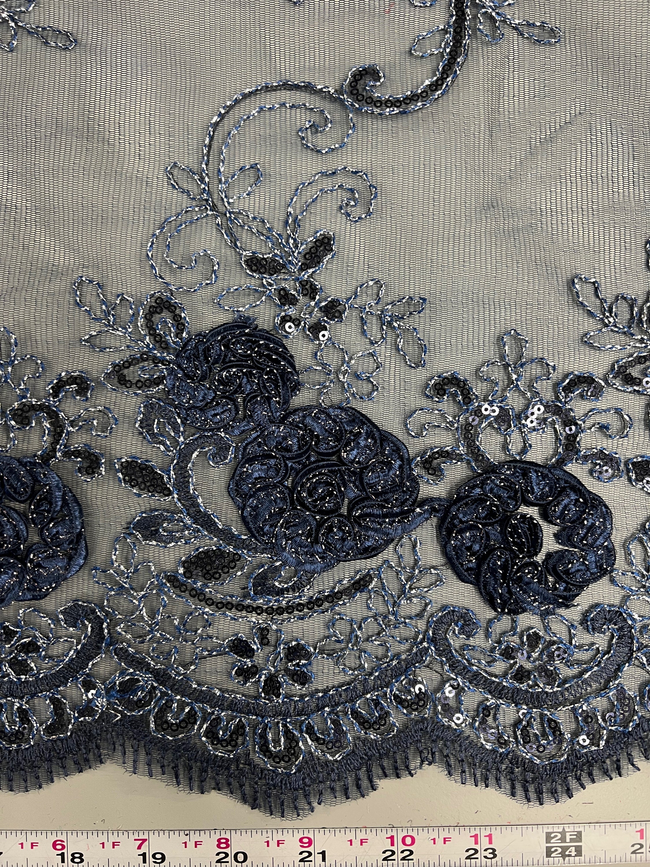 Ryleigh NAVY BLUE 3D Floral Embroidery With Foil & Sequins on Mesh Lace ...