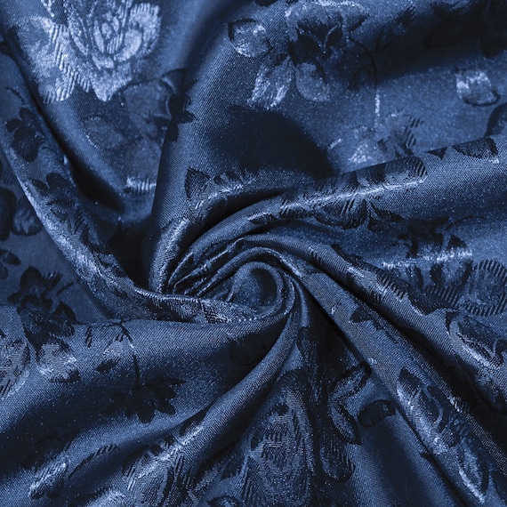 Kayla NAVY BLUE Polyester Floral Jacquard Brocade Satin Fabric by the Yard 10004