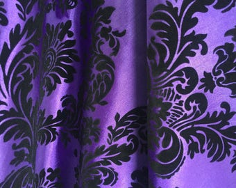 Amanda PURPLE Taffeta with Black Velvet Flocked Damask Fabric by the Yard - 10078