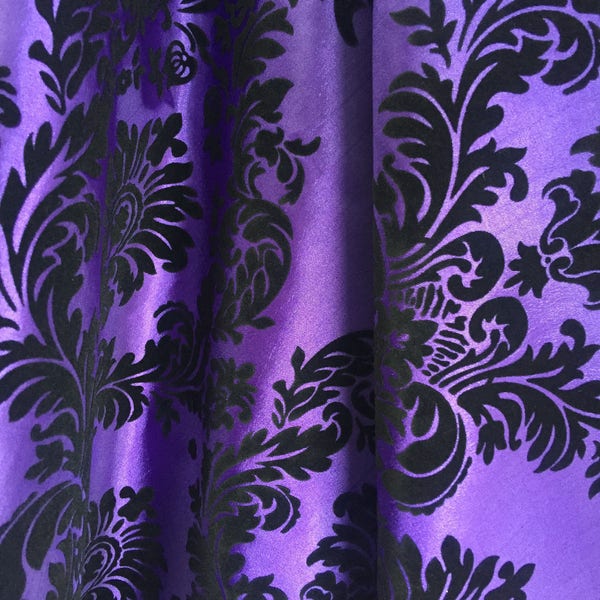 Amanda PURPLE Taffeta with Black Velvet Flocked Damask Fabric by the Yard - 10078