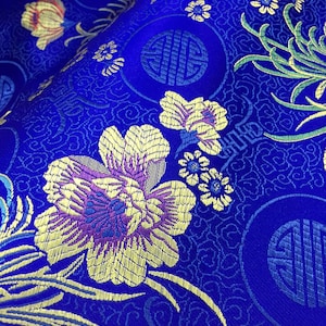 Kate ROYAL BLUE Floral Brocade Chinese Satin Fabric by the Yard - 10037
