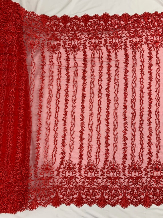 Daphne RED Faux Pearls Beaded Flowers and Vines Lace Embroidery on Mesh Fabric by the Yard - 10103 - Etsy Daphne RED Faux Pearls Beaded Flowers and Vines Lace Embroidery on Mesh Fabric by the Yard - 10103 - Etsy