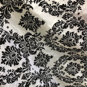 Amanda WHITE Taffeta with Black Velvet Flocked Damask Fabric by the Yard - 10078