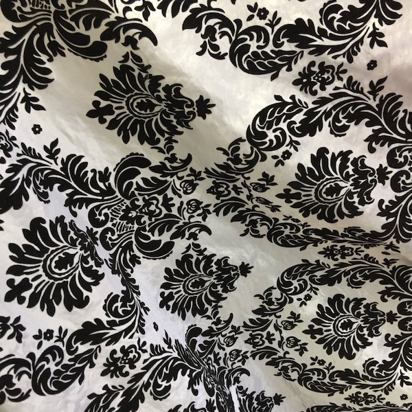 Amanda WHITE Taffeta with Black Velvet Flocked Damask Fabric by the Yard - 10078