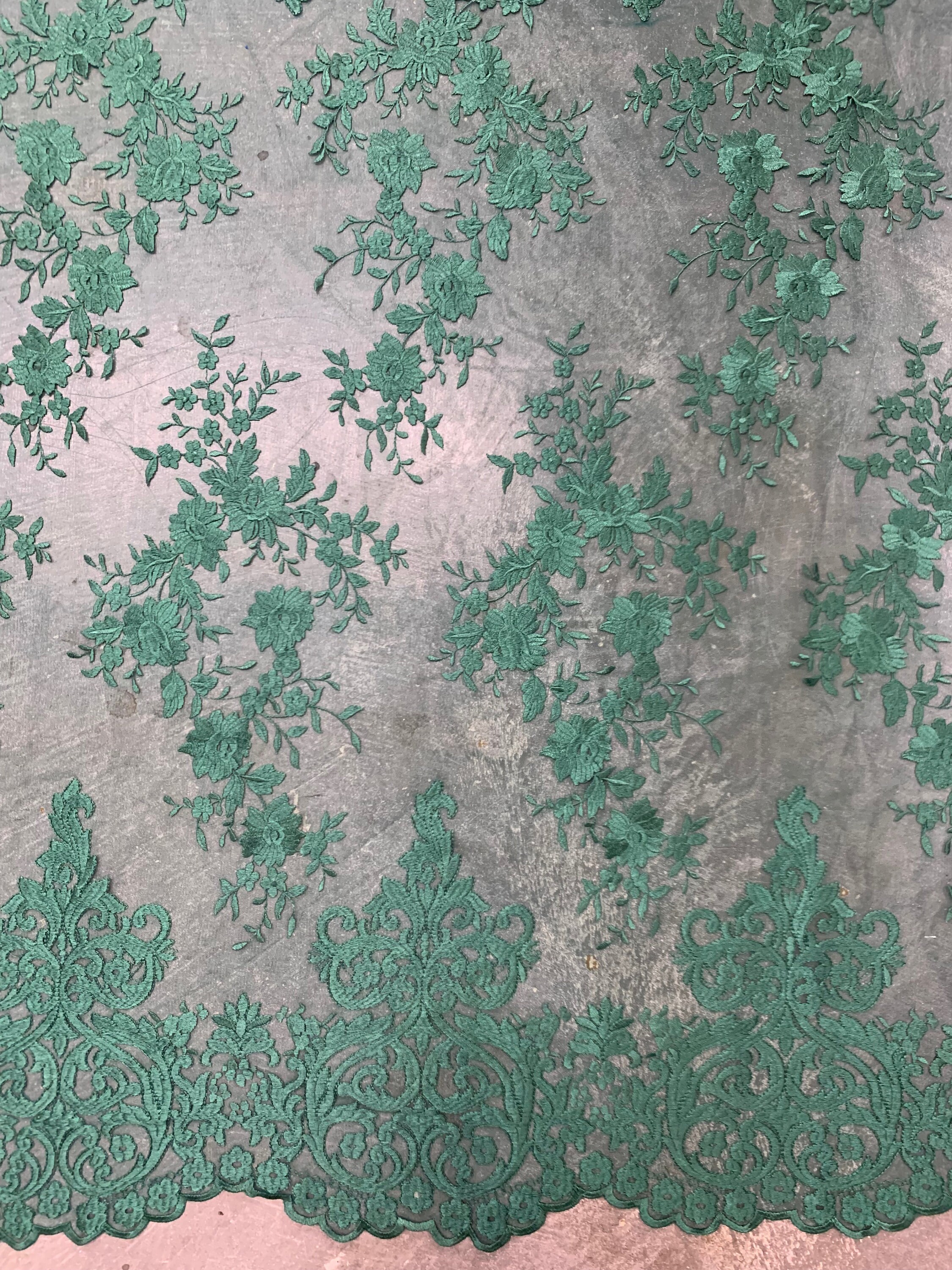 Teagan HUNTER GREEN Damask Design Embroidered on Mesh Lace Fabric by ...