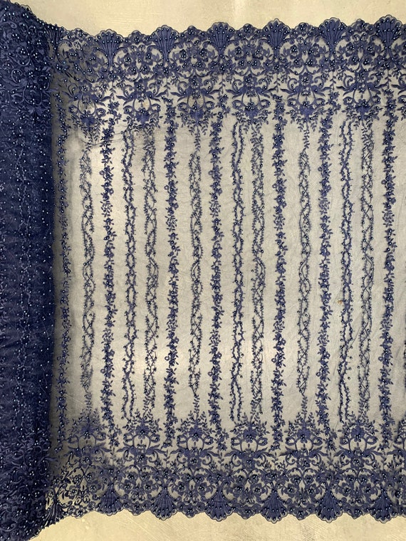 Daphne NAVY BLUE Faux Pearls Beaded Flowers and Vines Lace Embroidery on  Mesh Fabric by the Yard - 10103 - Etsy