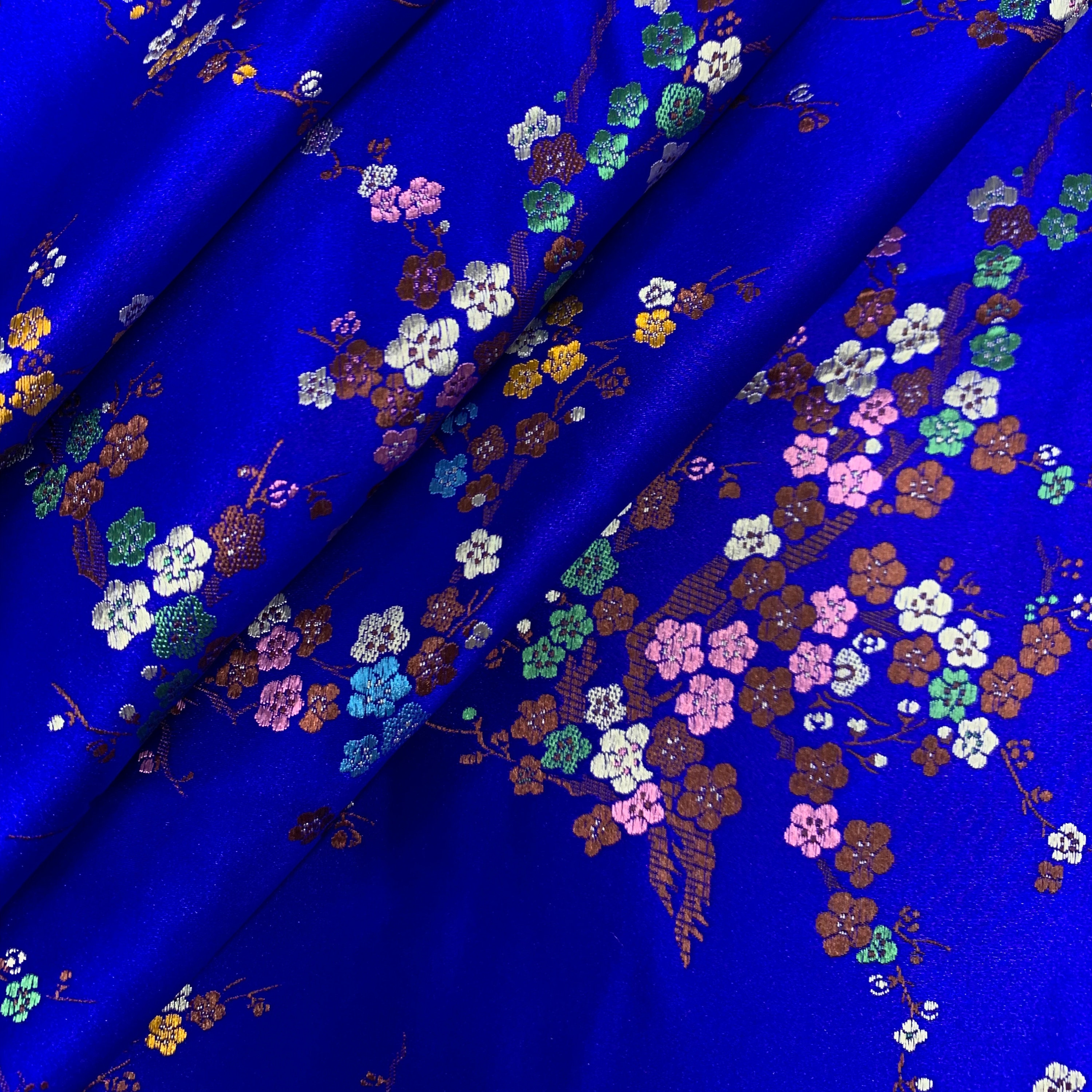 Kori ROYAL BLUE Plum Blossom Floral Brocade Chinese Satin Fabric
